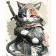 Картина за номерами Strateg ПРЕМІУМ Кіт в костюмі самурая з лаком та з рівнем розміром 30х40 см (SS1091)