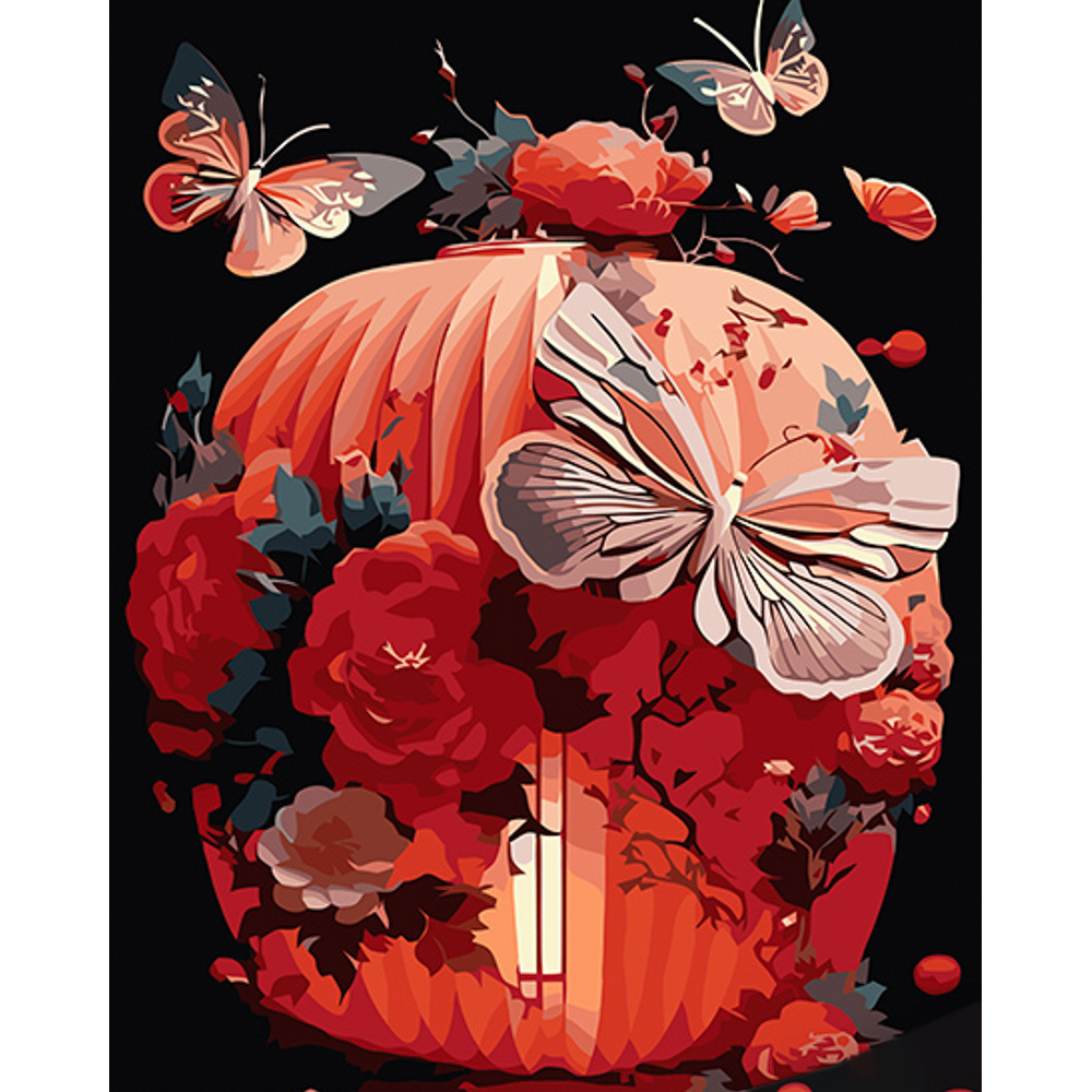 Japanese Lantern with flowers on a black background 40x50 cm (AH1009)