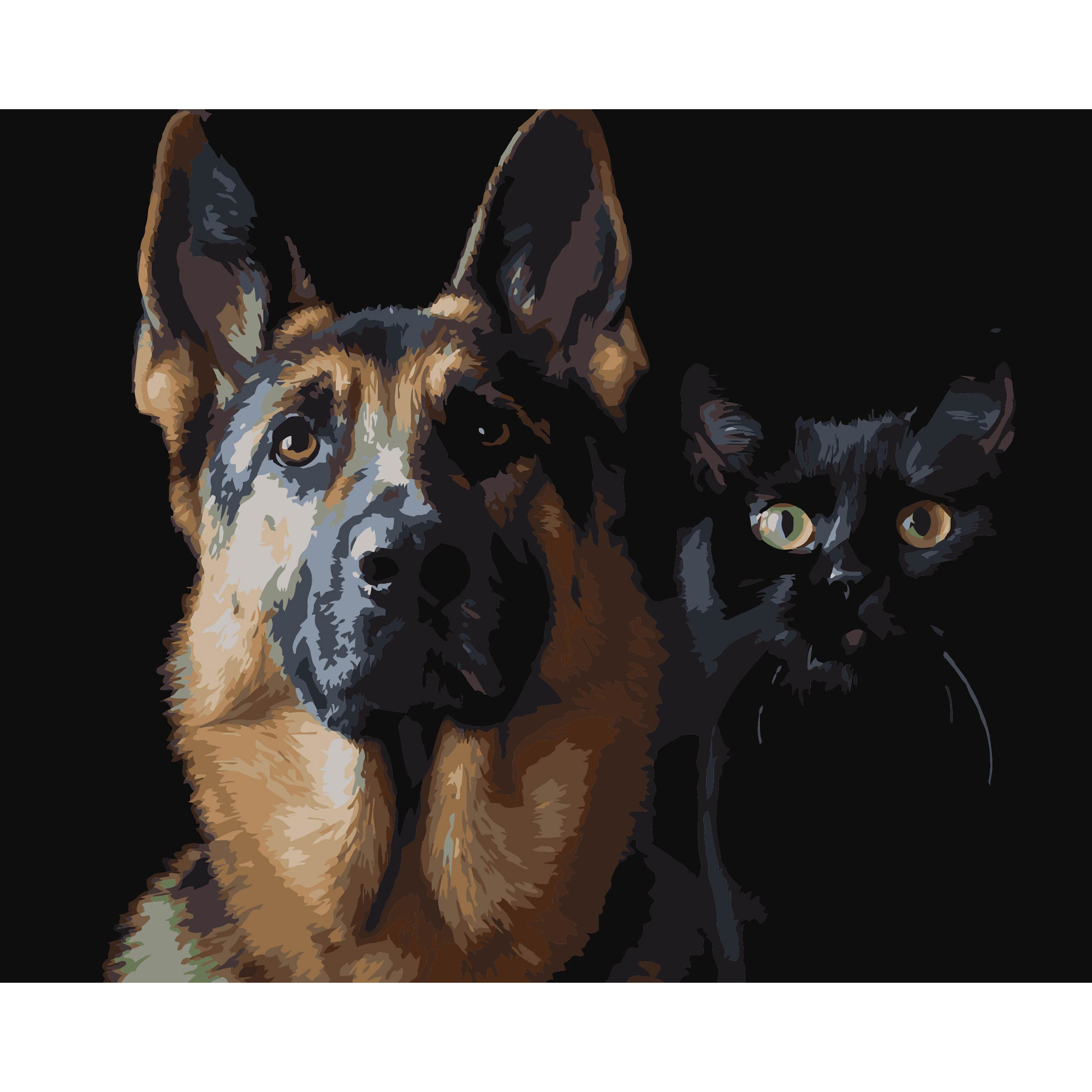 German Shepherd and Black Cat on a black background 40Х50 (AH1297)