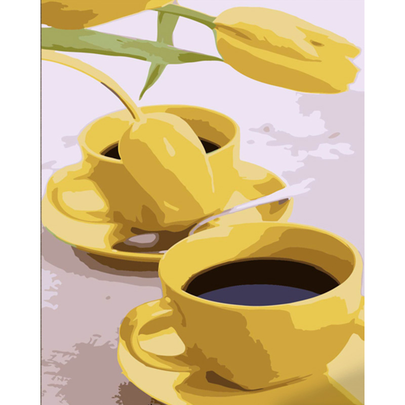 Coffee with tulips with varnish and with an increase in size 40x50 cm (DY439)