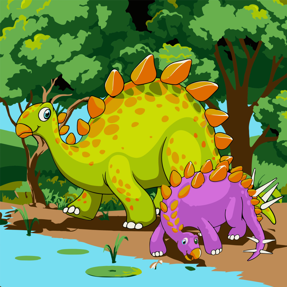 Dinosaurs by the shore with varnish and level, 30x30 cm (ES-0833)