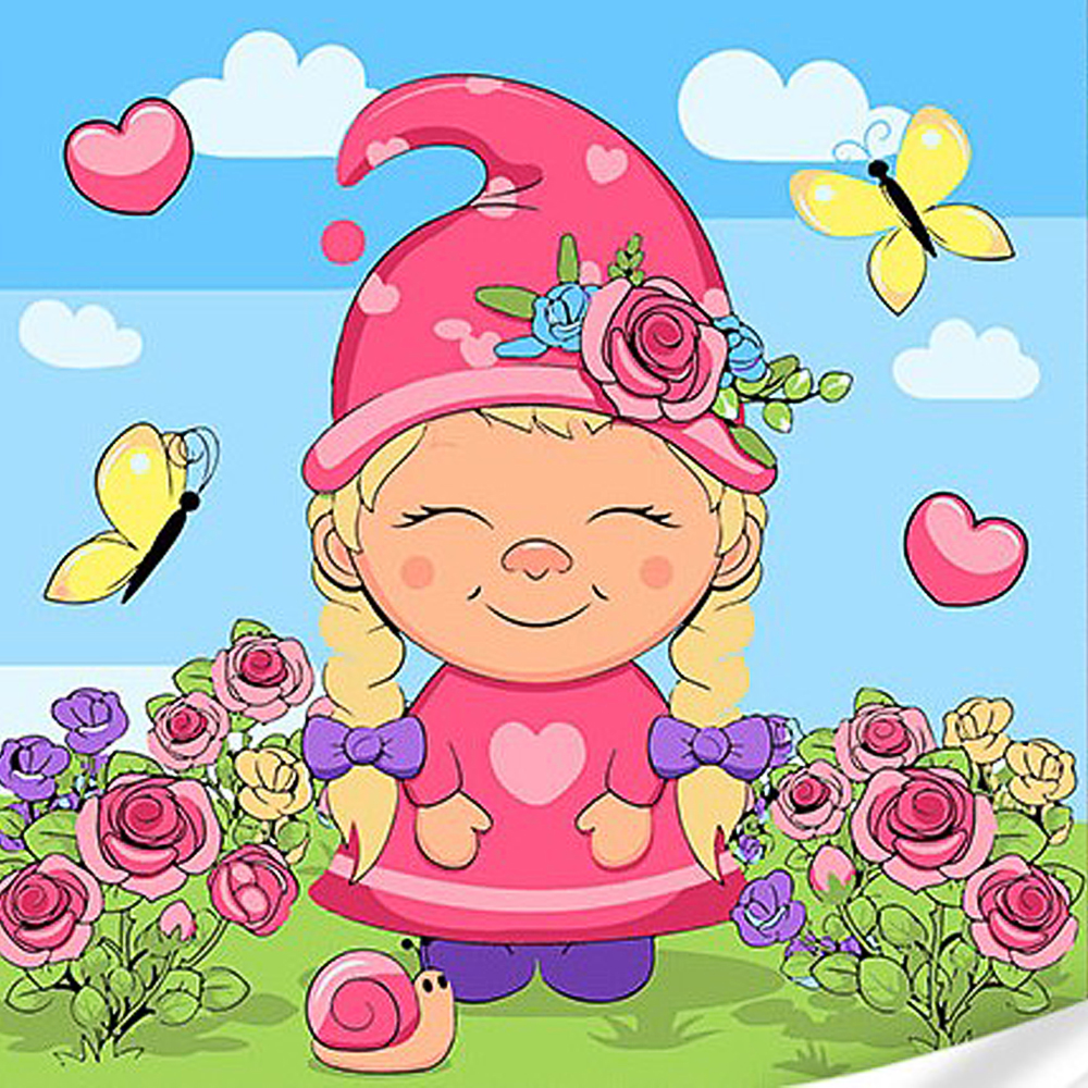 A gnome girl with varnish and level, size 30x30 cm (ES-0884)