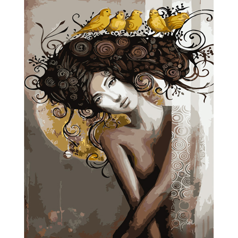 Girl with birds with varnish size 40x50 cm (GS1089)