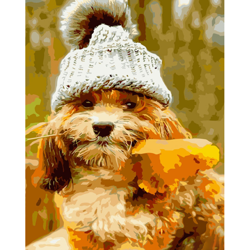 Dog in fluffy hat with lacquer and a size of 40x50 cm (GS1350)