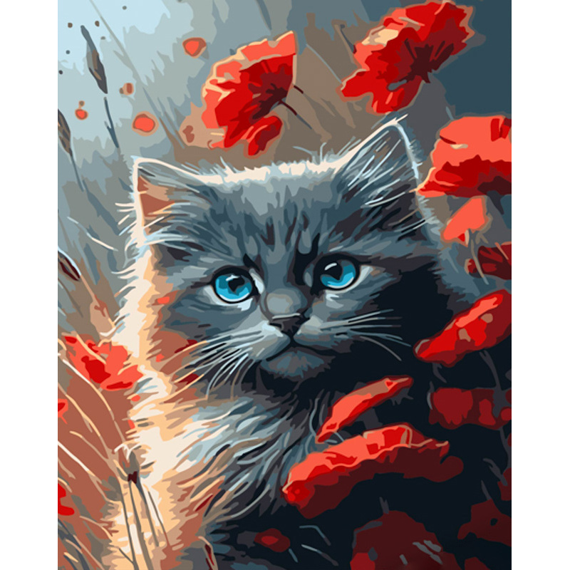 Gray cat in poppies with varnish and with an increase in size 40x50 cm (GS1485)