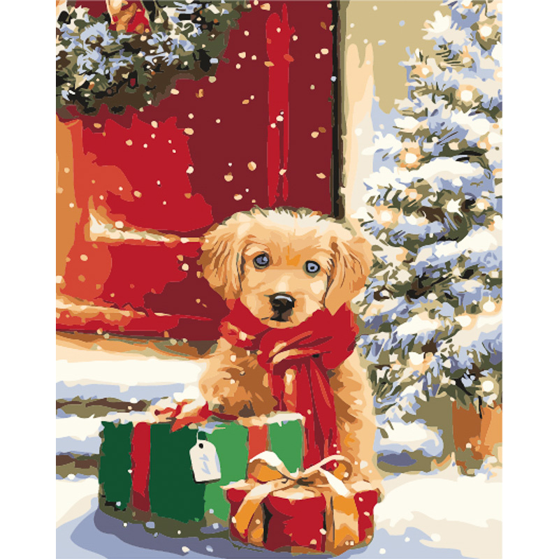 Puppy with gifts with varnish and level, 40x50 cm (GS1568)