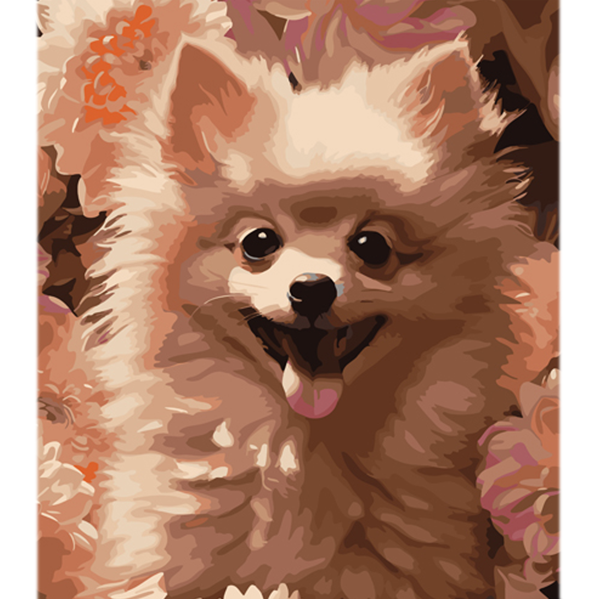 Spitz among pink flowers on a colored background, size 40x50 cm (MZ009)