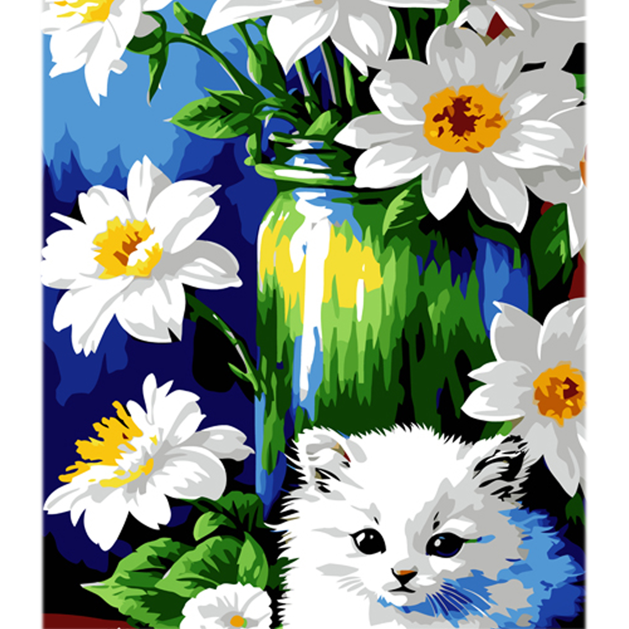 Kitten among daffodils on a colored background, size 40x50 cm (MZ043)