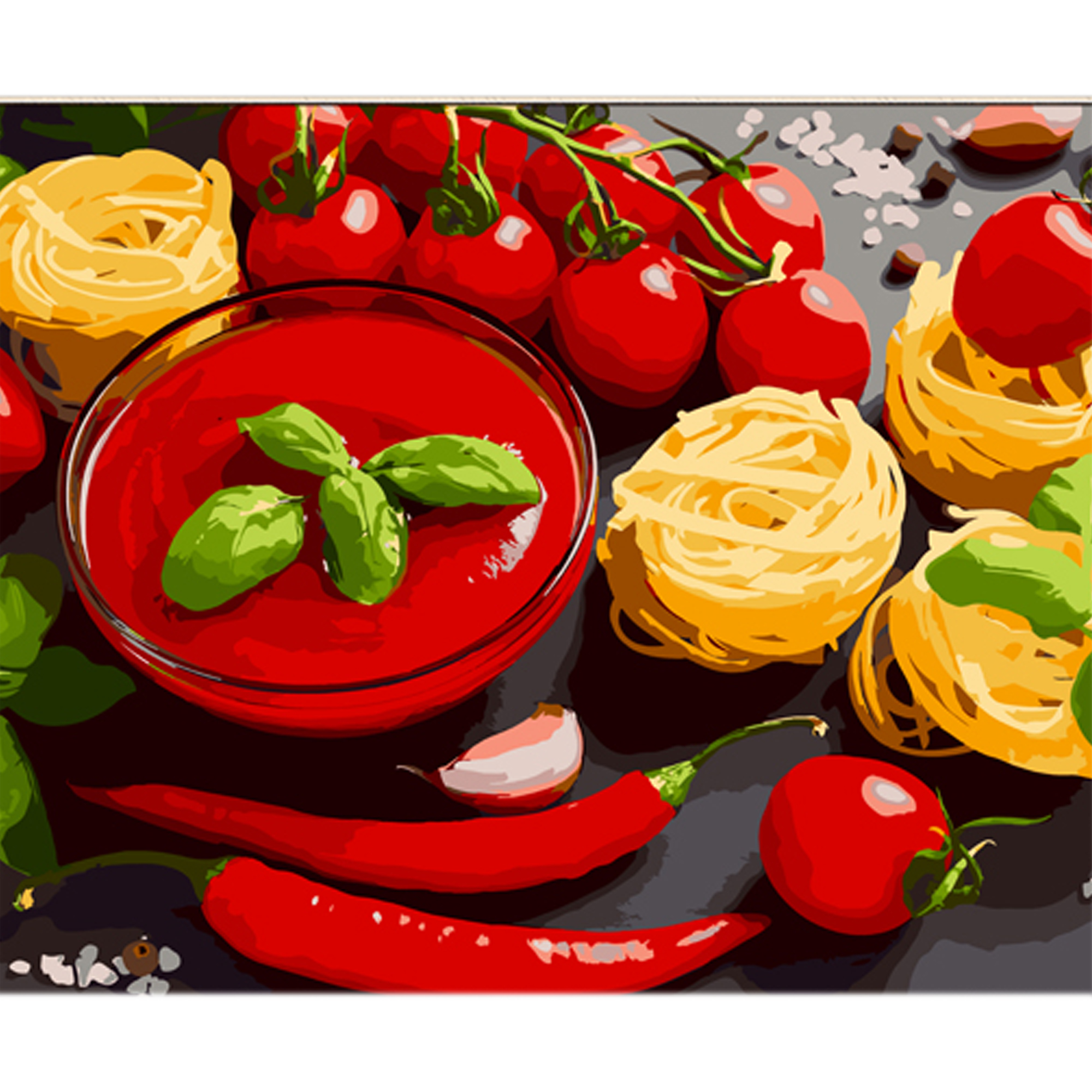 Pasta with chili and tomatoes on a colored background, size 40x50 cm (MZ073)
