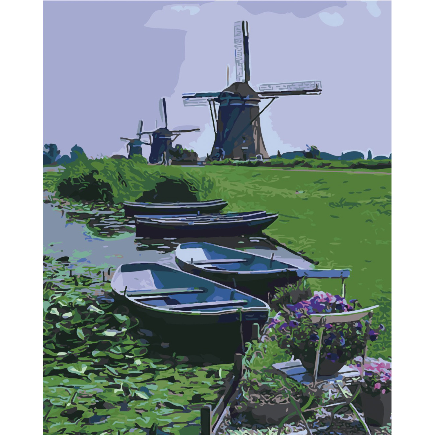 Boats on the background of a mill on a colored background size 40x50 cm (SY6493)