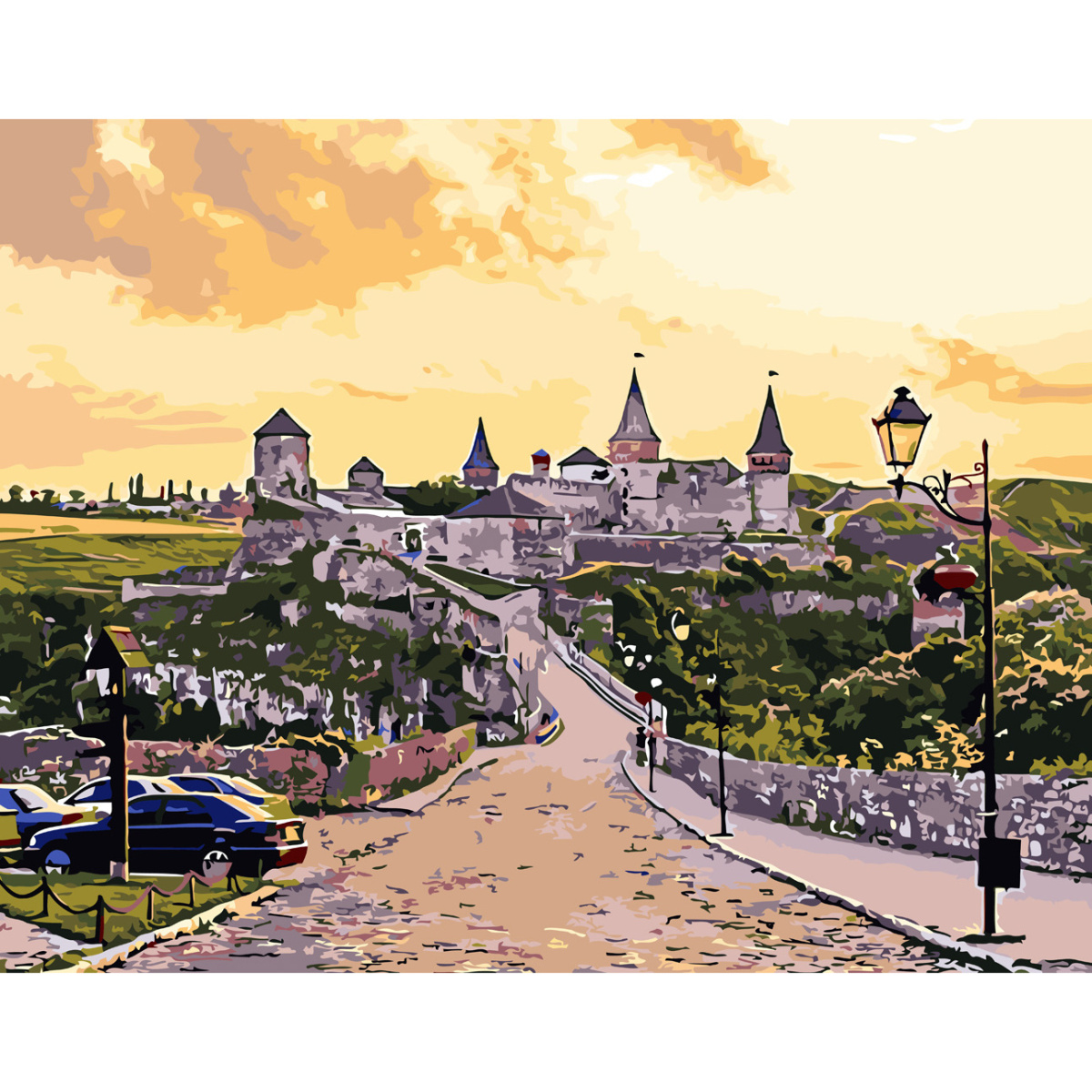 Kamyanets-Podilskyi castle at sunsetwith varnish size 40х50 sm SY6558