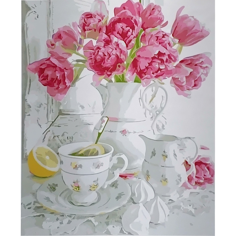 Tea, lemon and flowers with varnish size 40х50 sm (SY6646)