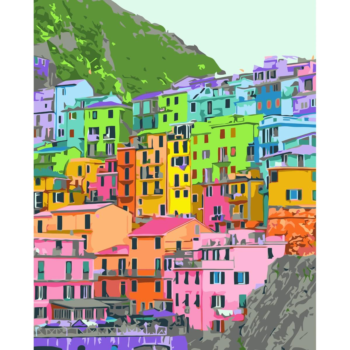 Multi-colored houses Strateg with varnish measuring 40x50 cm (VA-3581)