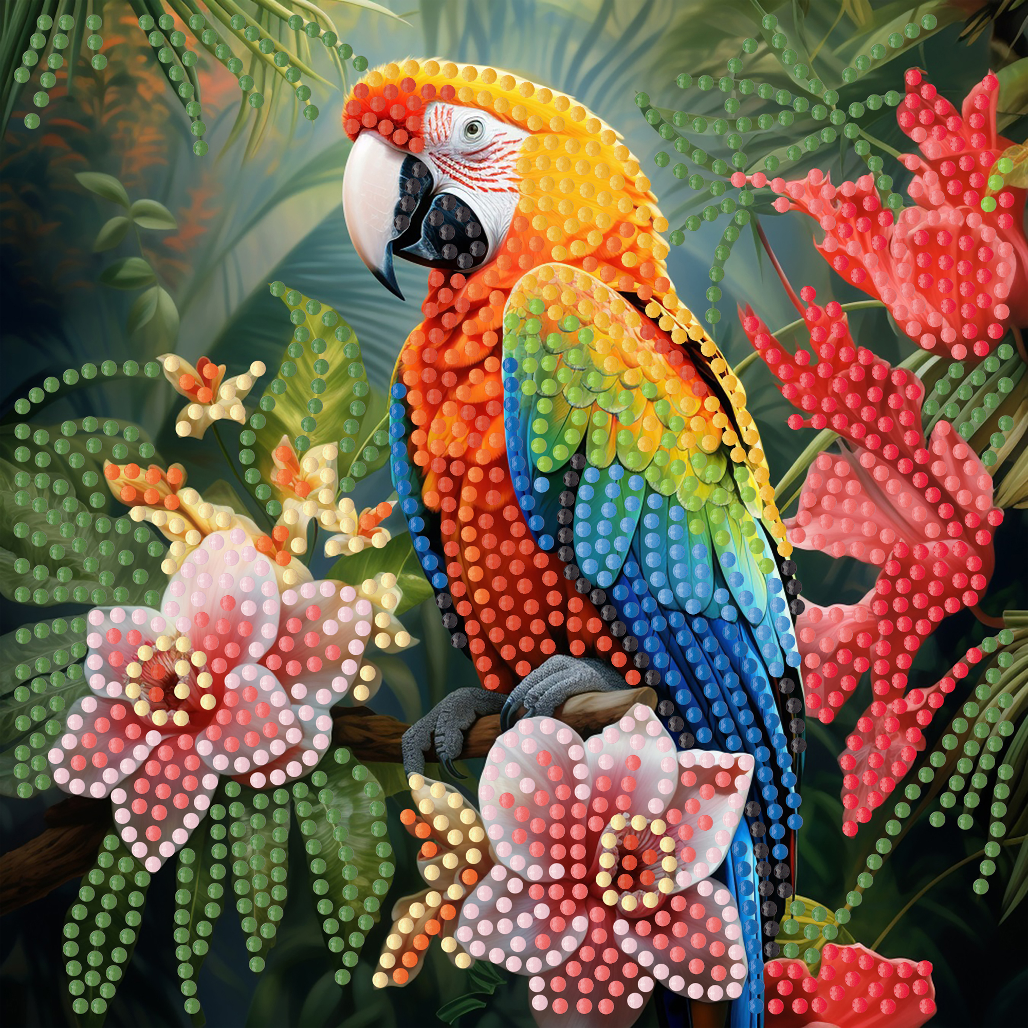 Parrot in the jungle on paper base size 18x18 cm (ZAV1818-5)